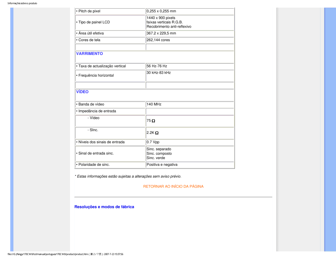 Philips 170CW8, HWC8170T user manual Vídeo, Resoluções e modos de fábrica 