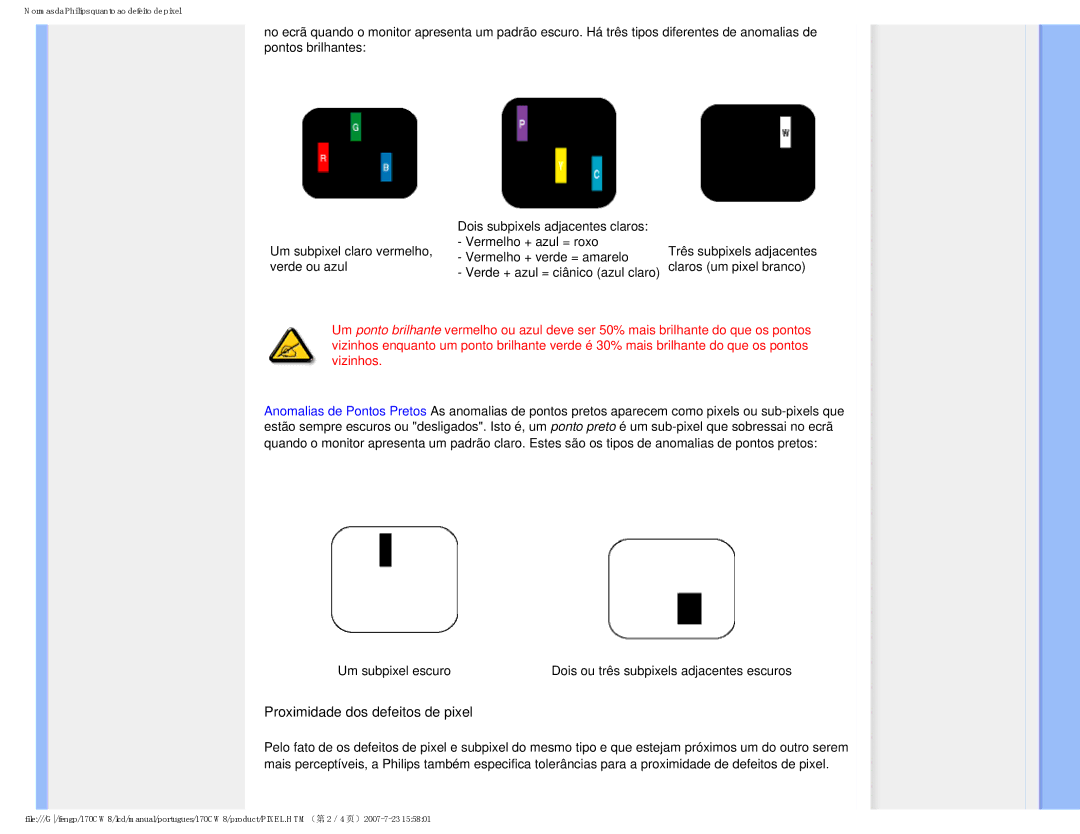 Philips HWC8170T, 170CW8 user manual Proximidade dos defeitos de pixel 