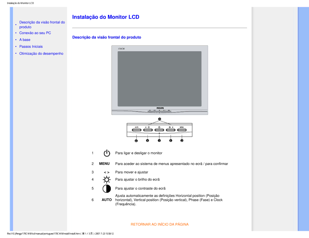 Philips 170CW8, HWC8170T user manual Instalação do Monitor LCD, Descrição da visão frontal do produto 