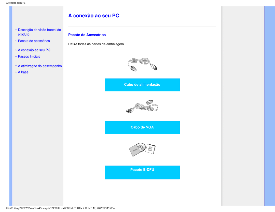 Philips HWC8170T, 170CW8 user manual Conexão ao seu PC, Pacote de Acessórios 