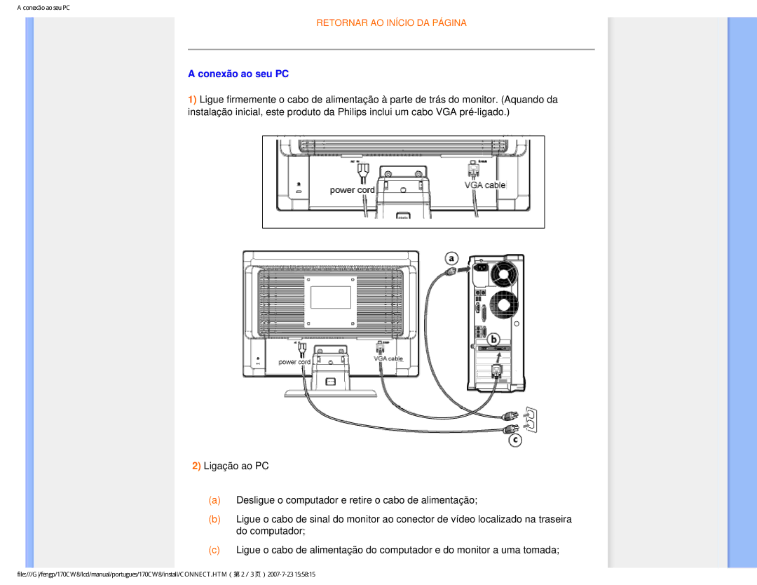 Philips 170CW8, HWC8170T user manual Conexão ao seu PC 