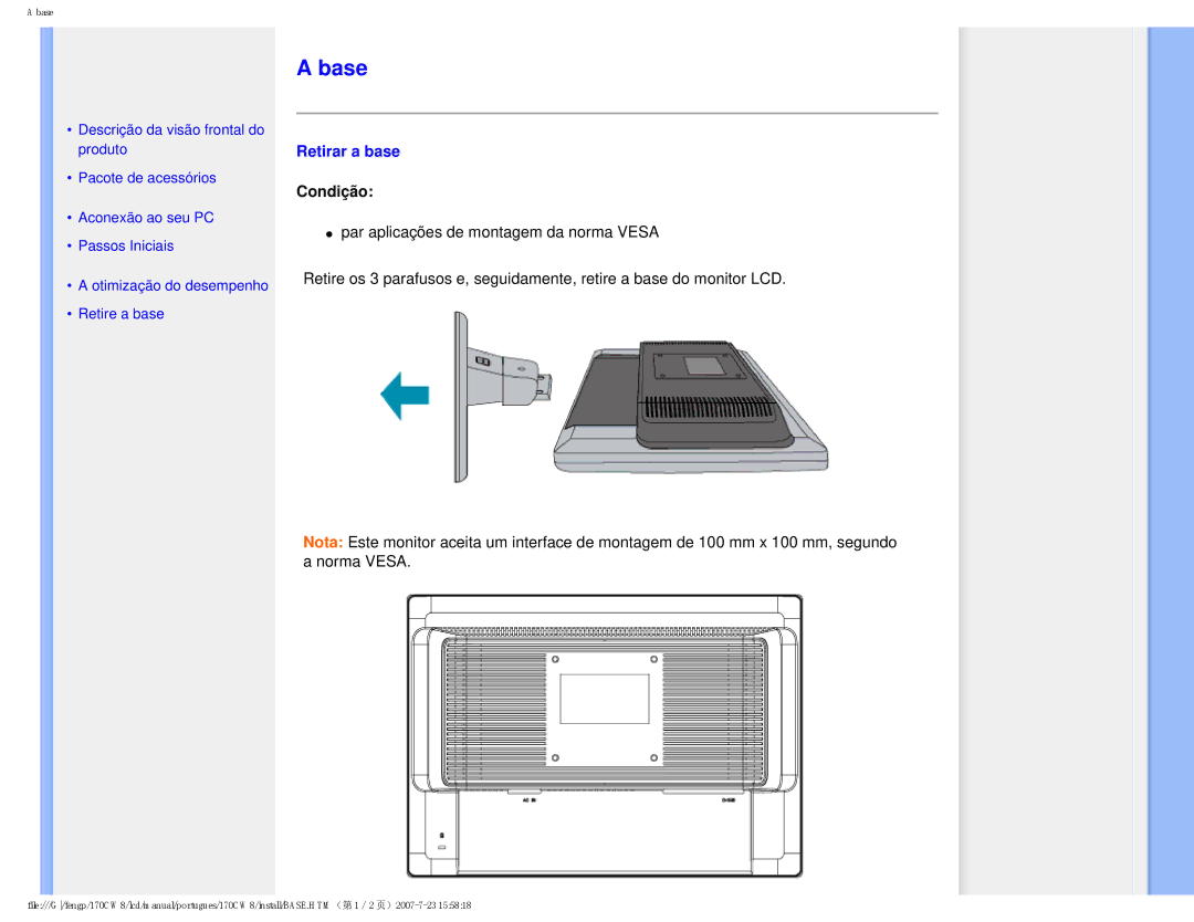 Philips 170CW8, HWC8170T user manual Base, Retirar a base 