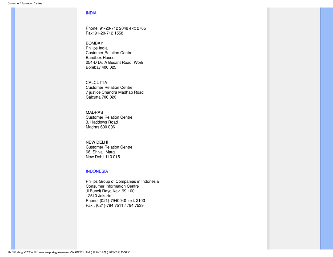 Philips 170CW8, HWC8170T user manual India, Indonesia 