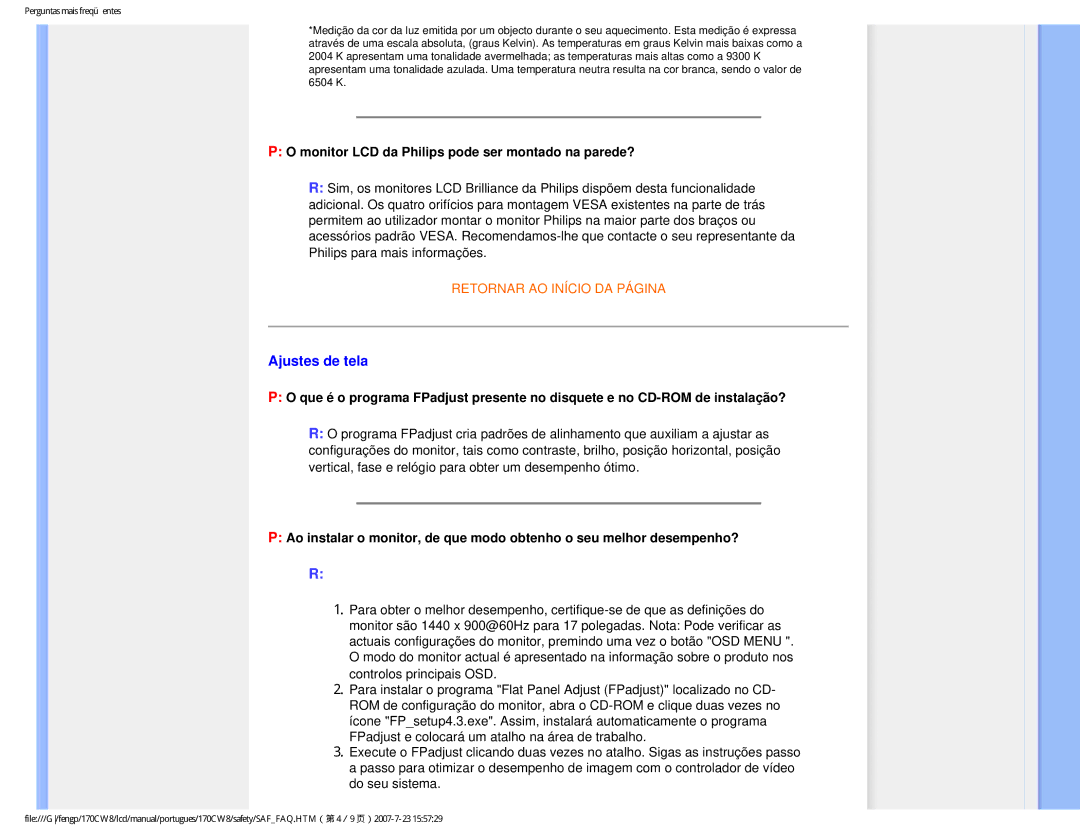 Philips 170CW8, HWC8170T user manual Ajustes de tela, Monitor LCD da Philips pode ser montado na parede? 