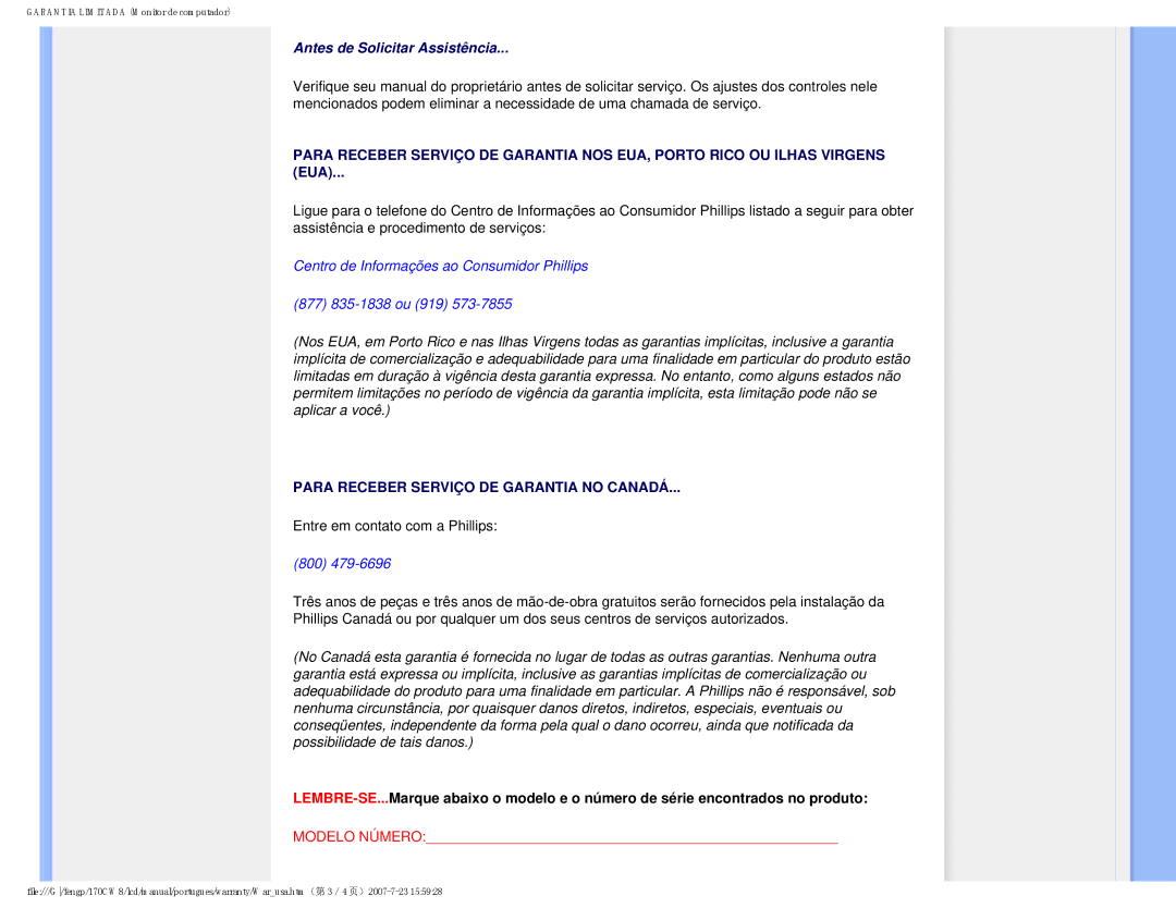 Philips 170CW8, HWC8170T user manual Antes de Solicitar Assistência 