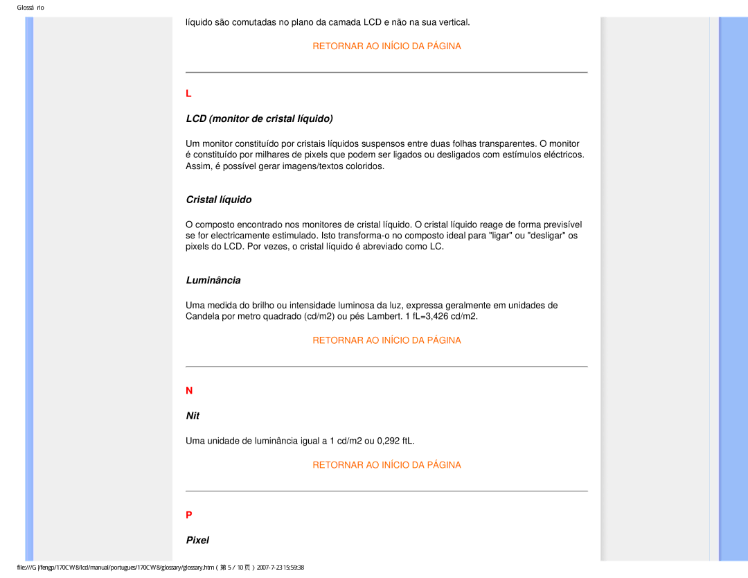 Philips 170CW8, HWC8170T user manual LCD monitor de cristal líquido, Cristal líquido, Luminância, Nit, Pixel 