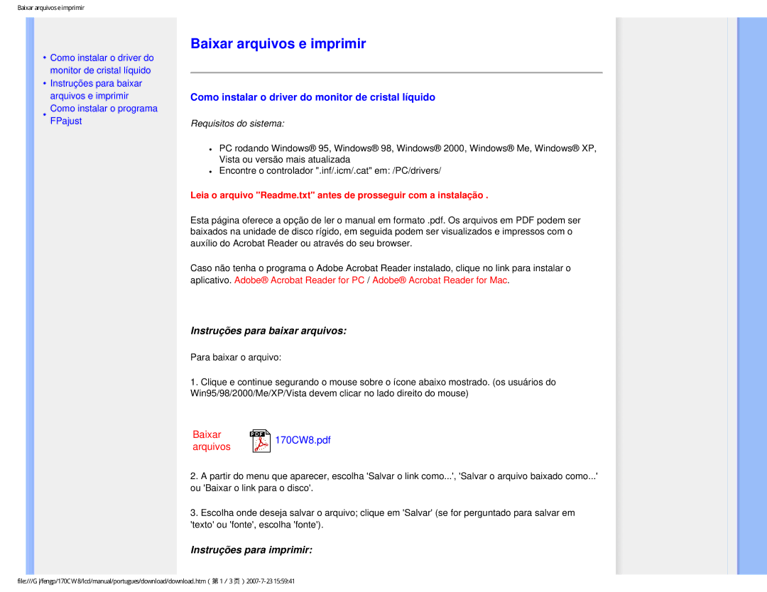 Philips 170CW8 Baixar arquivos e imprimir, Como instalar o driver do monitor de cristal líquido, Instruções para imprimir 