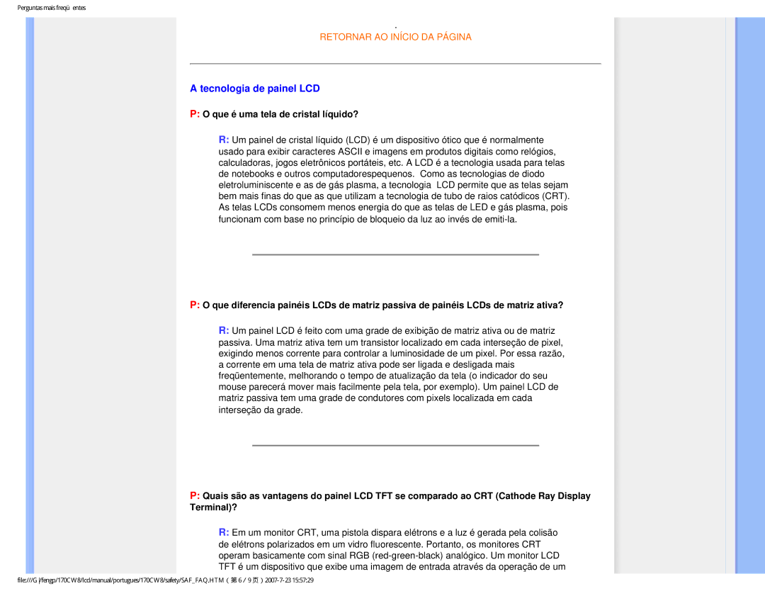 Philips 170CW8, HWC8170T user manual Tecnologia de painel LCD, Que é uma tela de cristal líquido? 