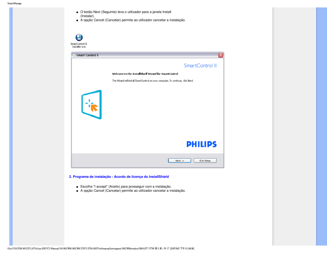 Philips 190CW8, HWC8190T user manual Programa de instalação - Acordo de licença do InstallShield 