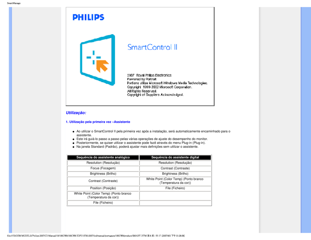 Philips HWC8190T, 190CW8 user manual Utilização pela primeira vez -Assistente 