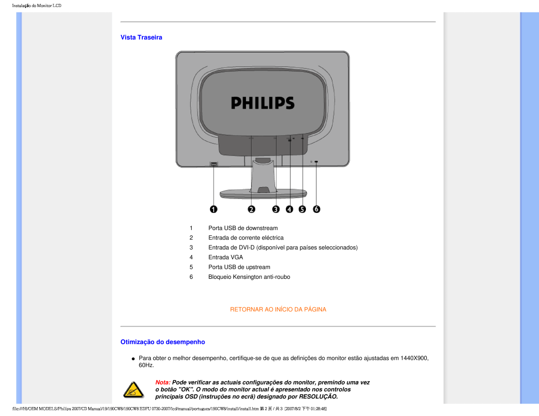 Philips 190CW8, HWC8190T user manual Vista Traseira, Retornar Ao Início Da Página, Otimização do desempenho 