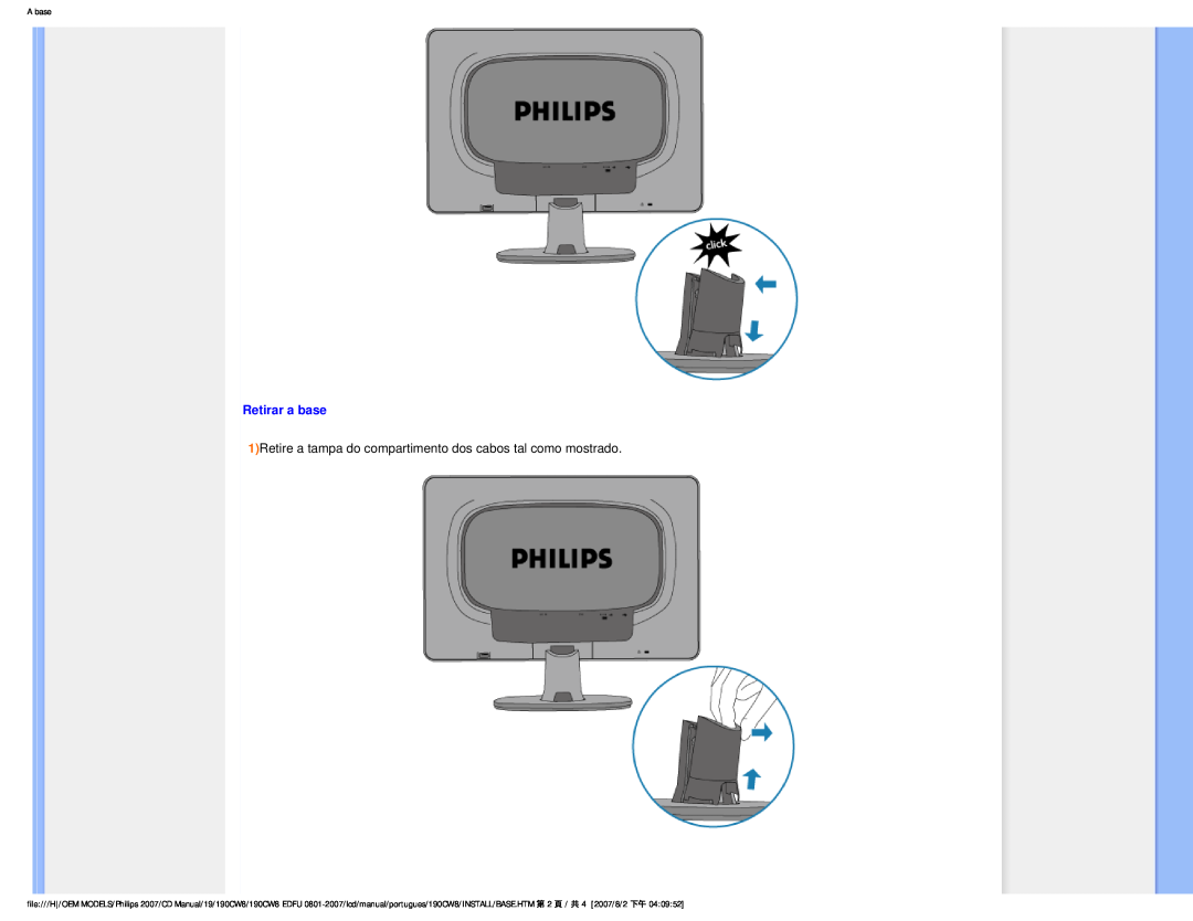 Philips HWC8190T, 190CW8 user manual Retirar a base, 1Retire a tampa do compartimento dos cabos tal como mostrado, A base 