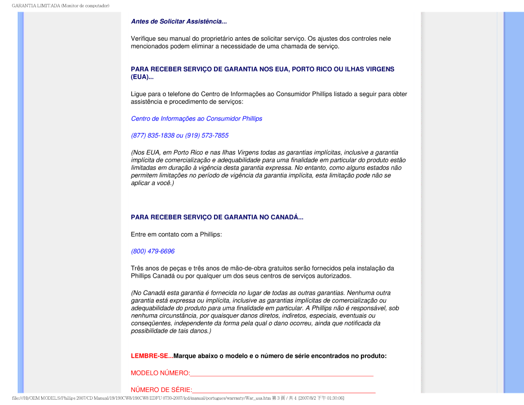 Philips 190CW8, HWC8190T user manual Antes de Solicitar Assistência 