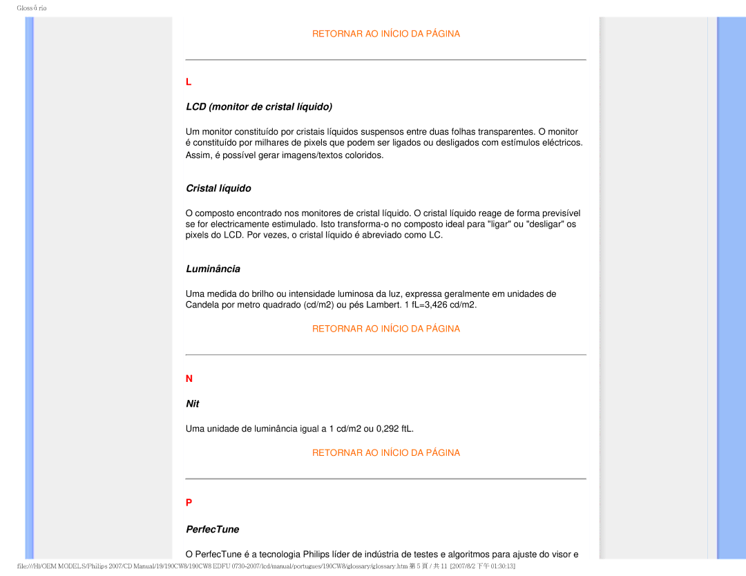 Philips 190CW8, HWC8190T user manual LCD monitor de cristal líquido, Cristal líquido, Luminância, Nit, PerfecTune 