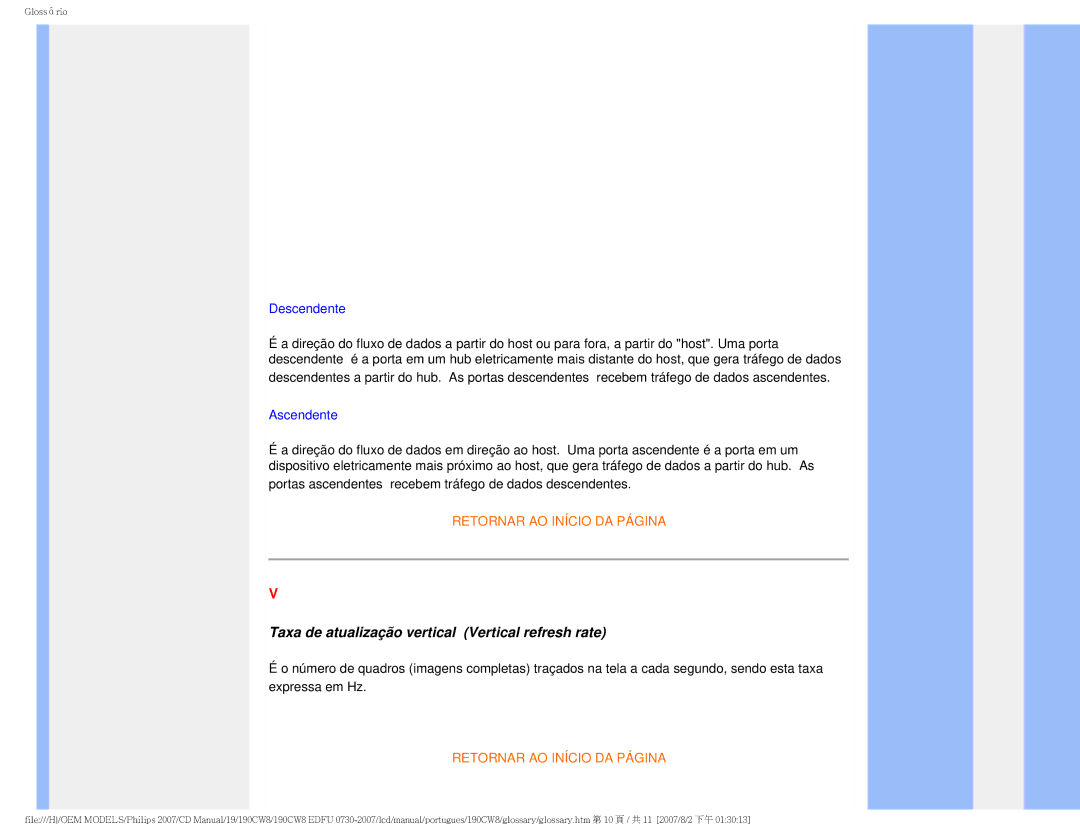 Philips HWC8190T, 190CW8 user manual Taxa de atualização vertical Vertical refresh rate, Descendente 