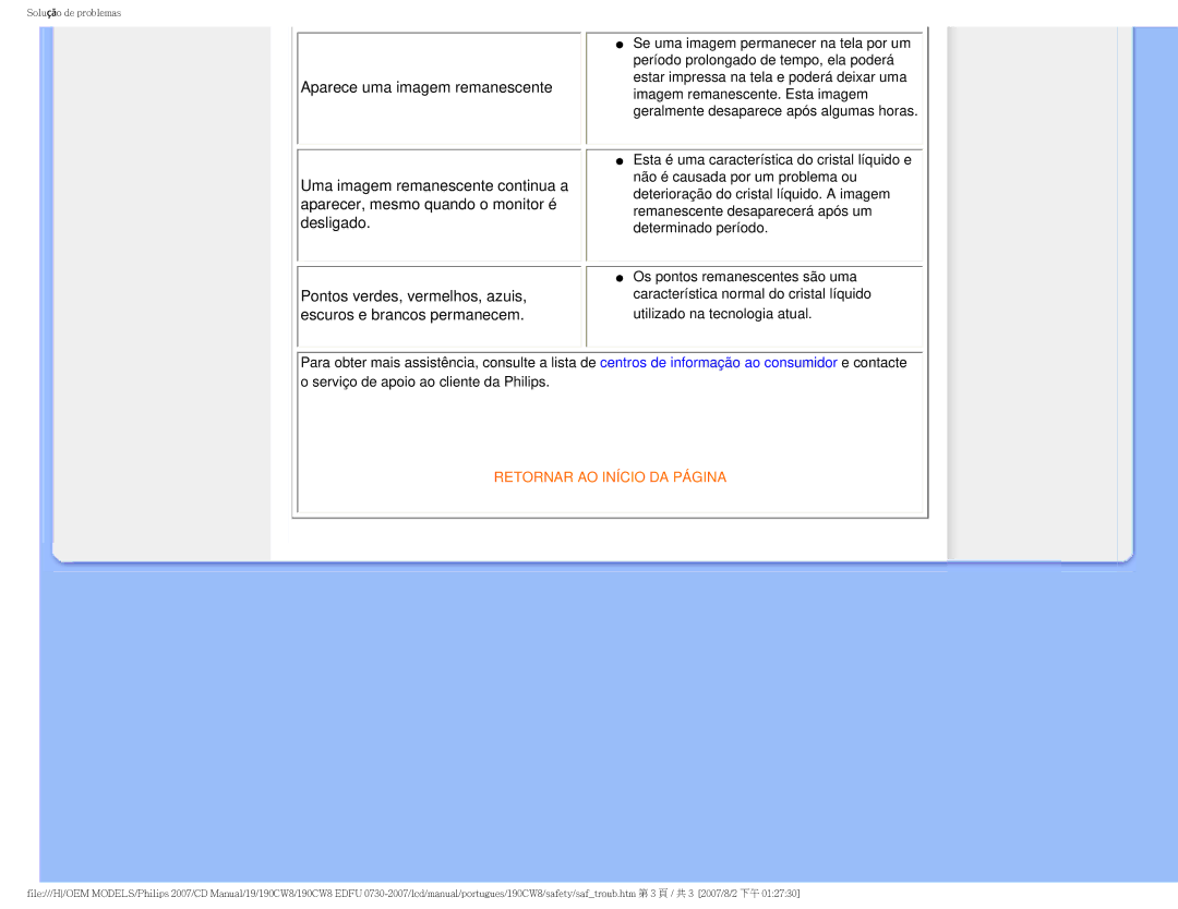 Philips 190CW8, HWC8190T user manual Retornar AO Início DA Página 