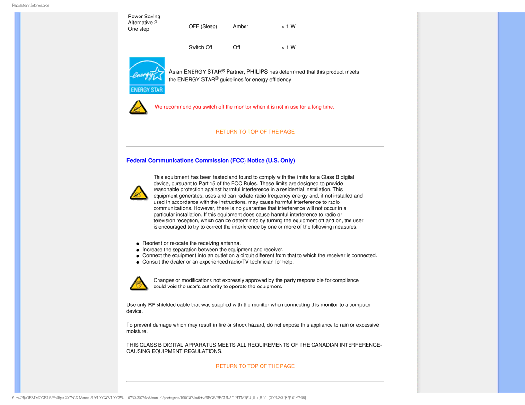 Philips 190CW8, HWC8190T user manual Federal Communications Commission FCC Notice U.S. Only 