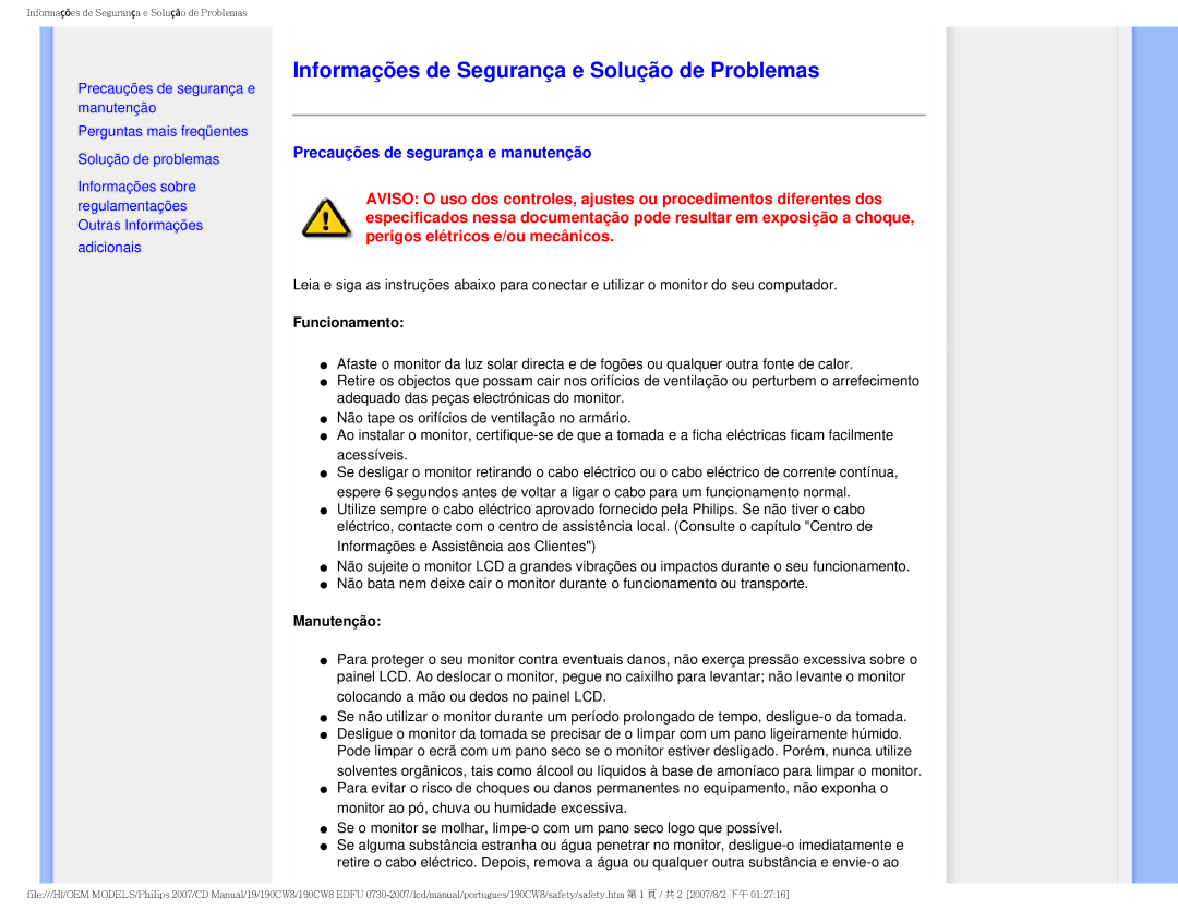 Philips HWC8190T Informações de Segurança e Solução de Problemas, Precauções de segurança e manutenção, Funcionamento 