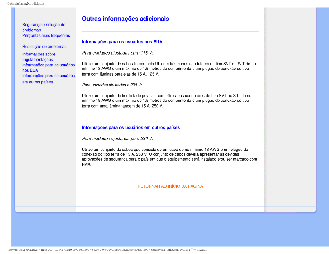 Philips 190CW8, HWC8190T user manual Outras informações adicionais, Informações para os usuários nos EUA 