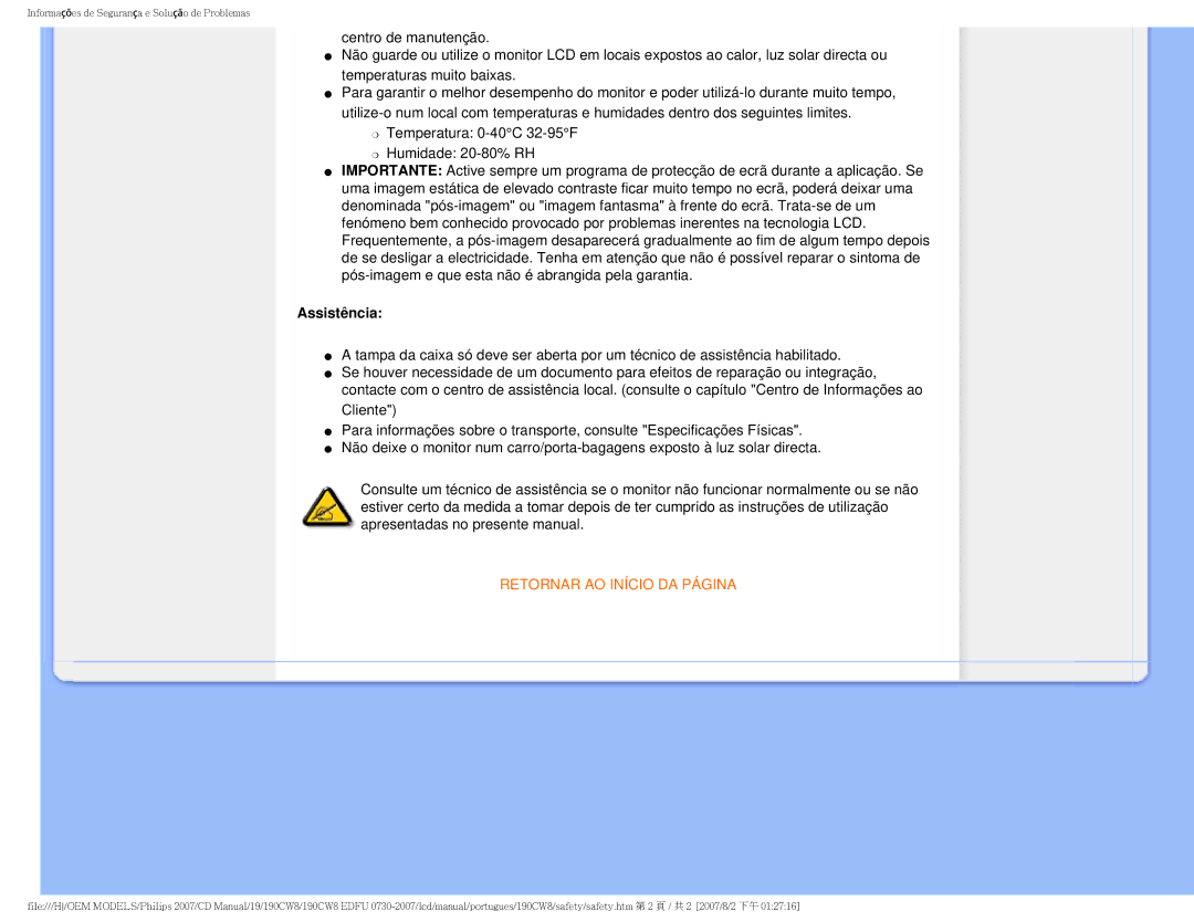 Philips 190CW8, HWC8190T user manual Assistência, Retornar AO Início DA Página 