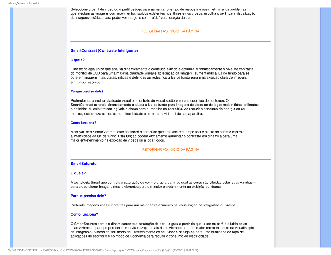 Philips 190CW8, HWC8190T user manual SmartContrast Contraste Inteligente, SmartSaturate 
