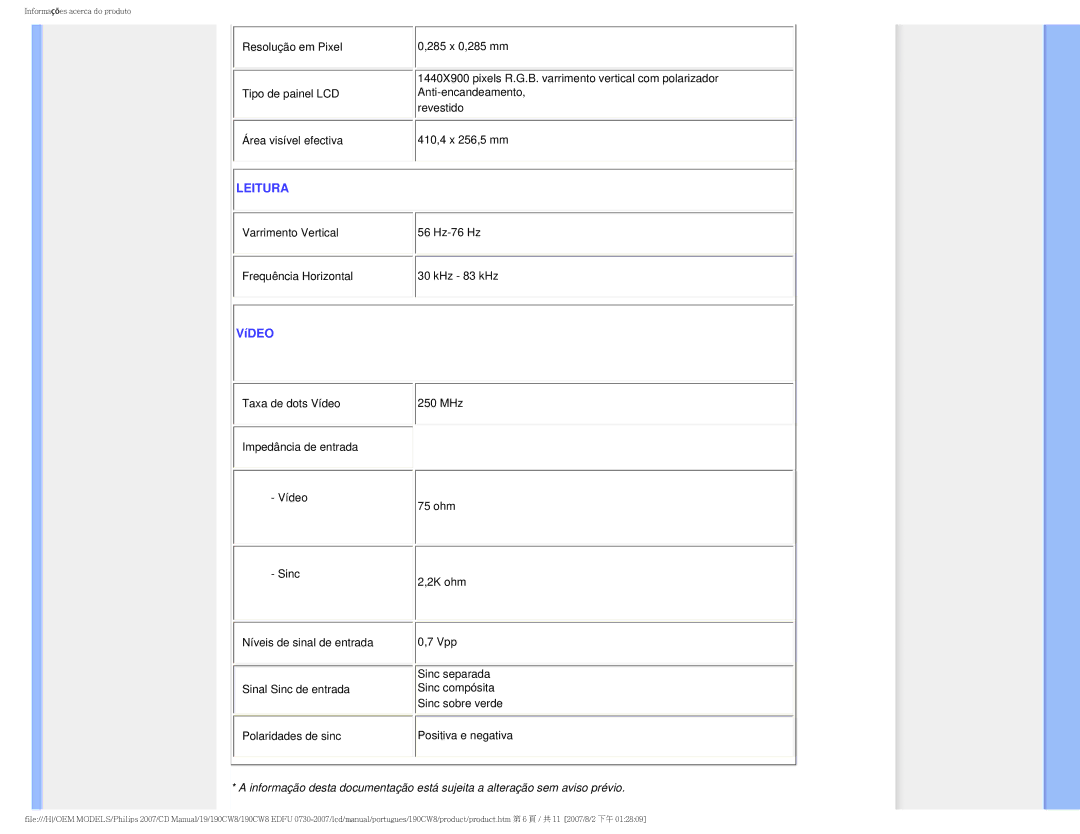 Philips 190CW8, HWC8190T user manual Leitura 