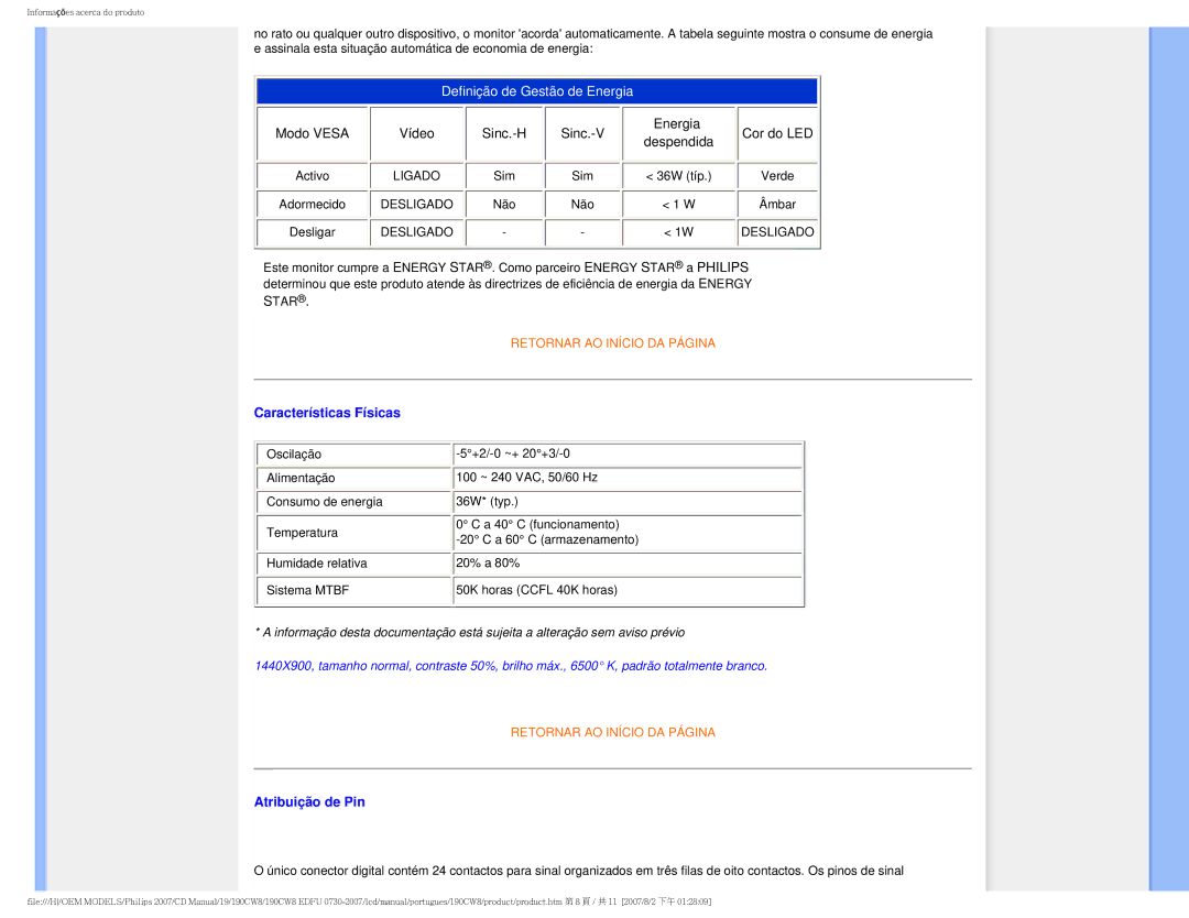 Philips 190CW8, HWC8190T user manual Características Físicas, Atribuição de Pin 