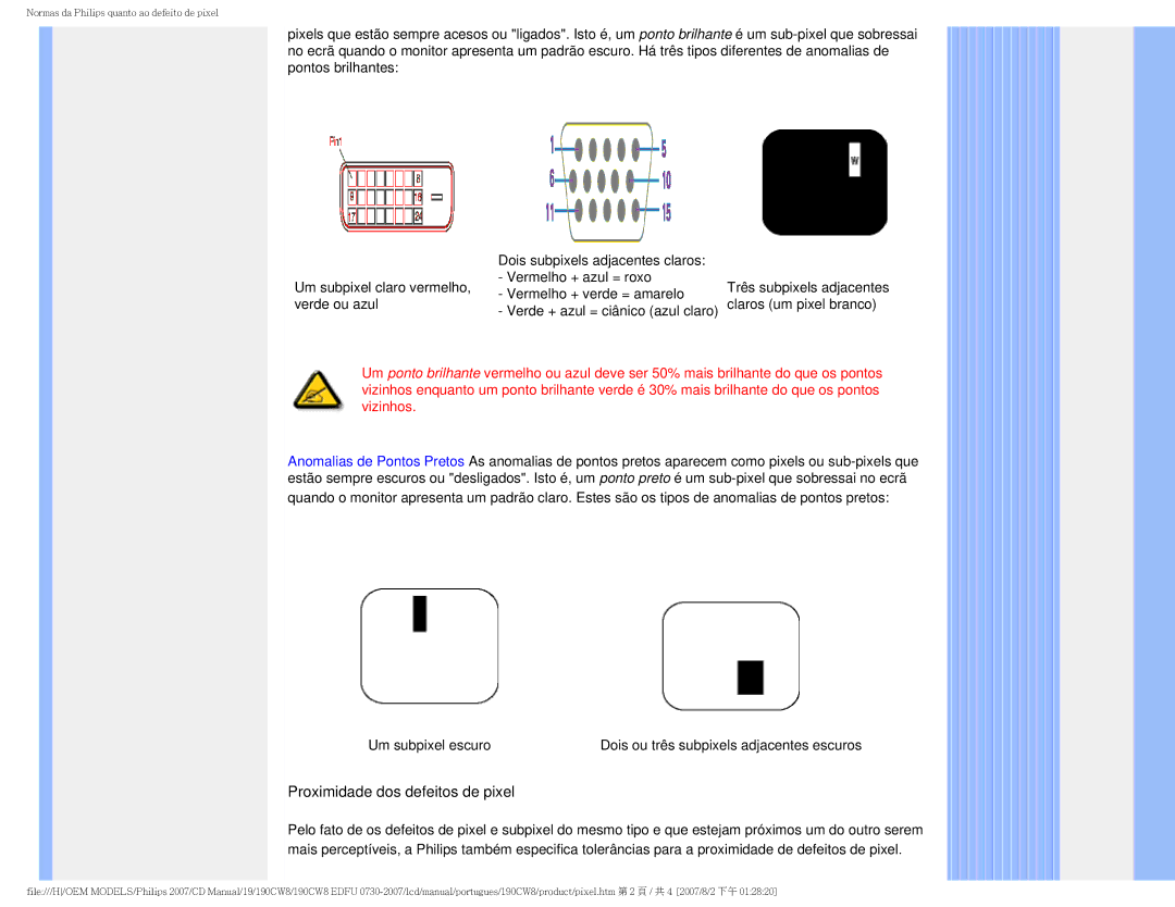 Philips HWC8190T, 190CW8 user manual Proximidade dos defeitos de pixel 