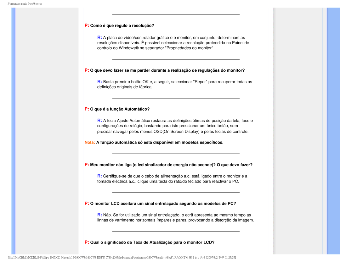 Philips 190CW8, HWC8190T user manual Como é que regulo a resolução?, Que é a função Automático? 