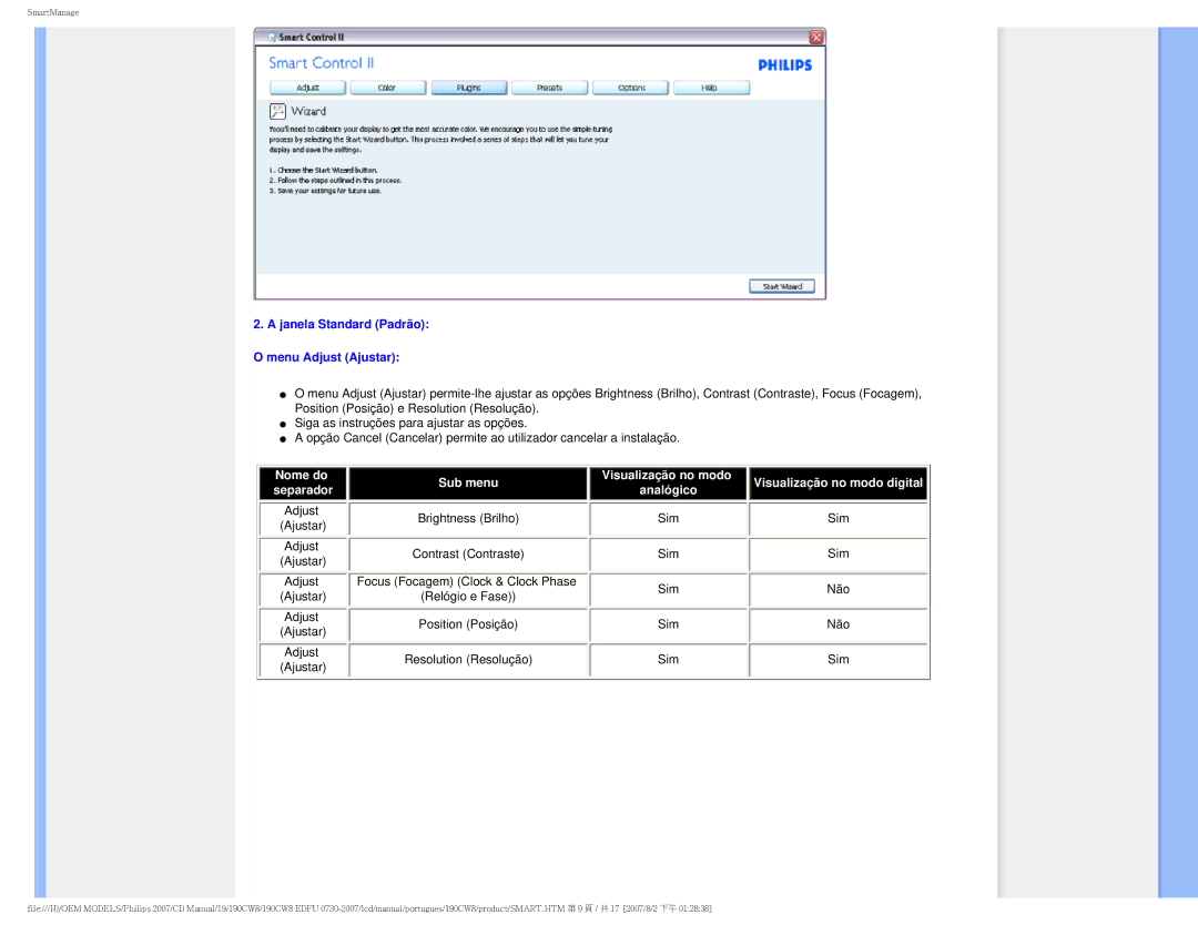 Philips 190CW8, HWC8190T user manual Janela Standard Padrão O menu Adjust Ajustar, Resolution Resolução Sim 
