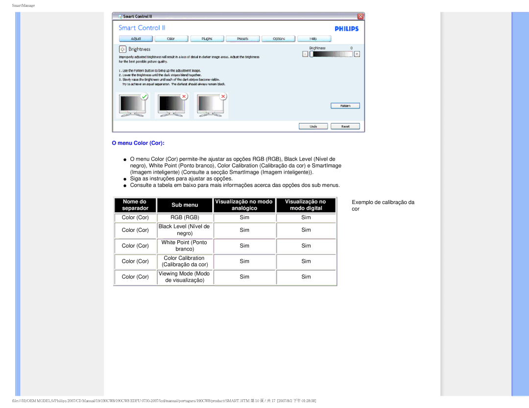 Philips HWC8190T, 190CW8 user manual Menu Color Cor, Rgb Rgb 