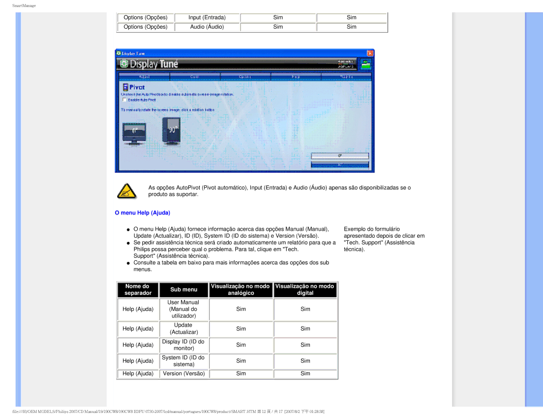 Philips HWC8190T, 190CW8 user manual Menu Help Ajuda 