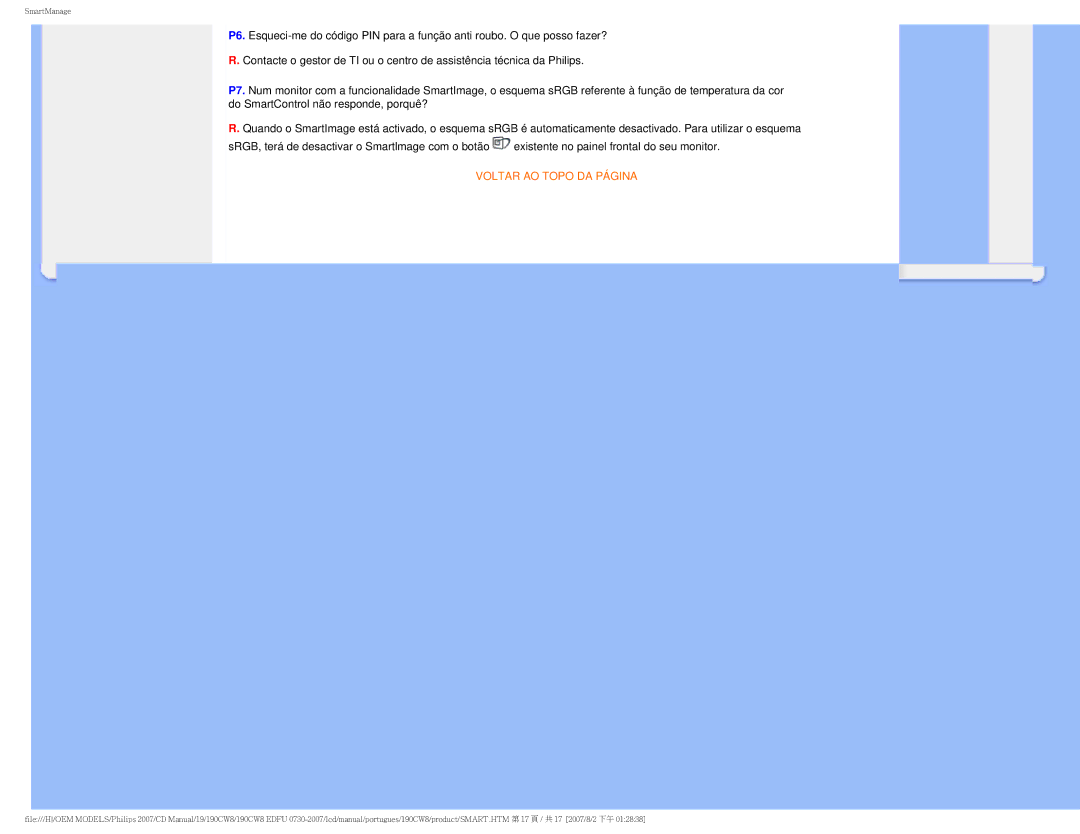 Philips 190CW8, HWC8190T user manual Voltar AO Topo DA Página 