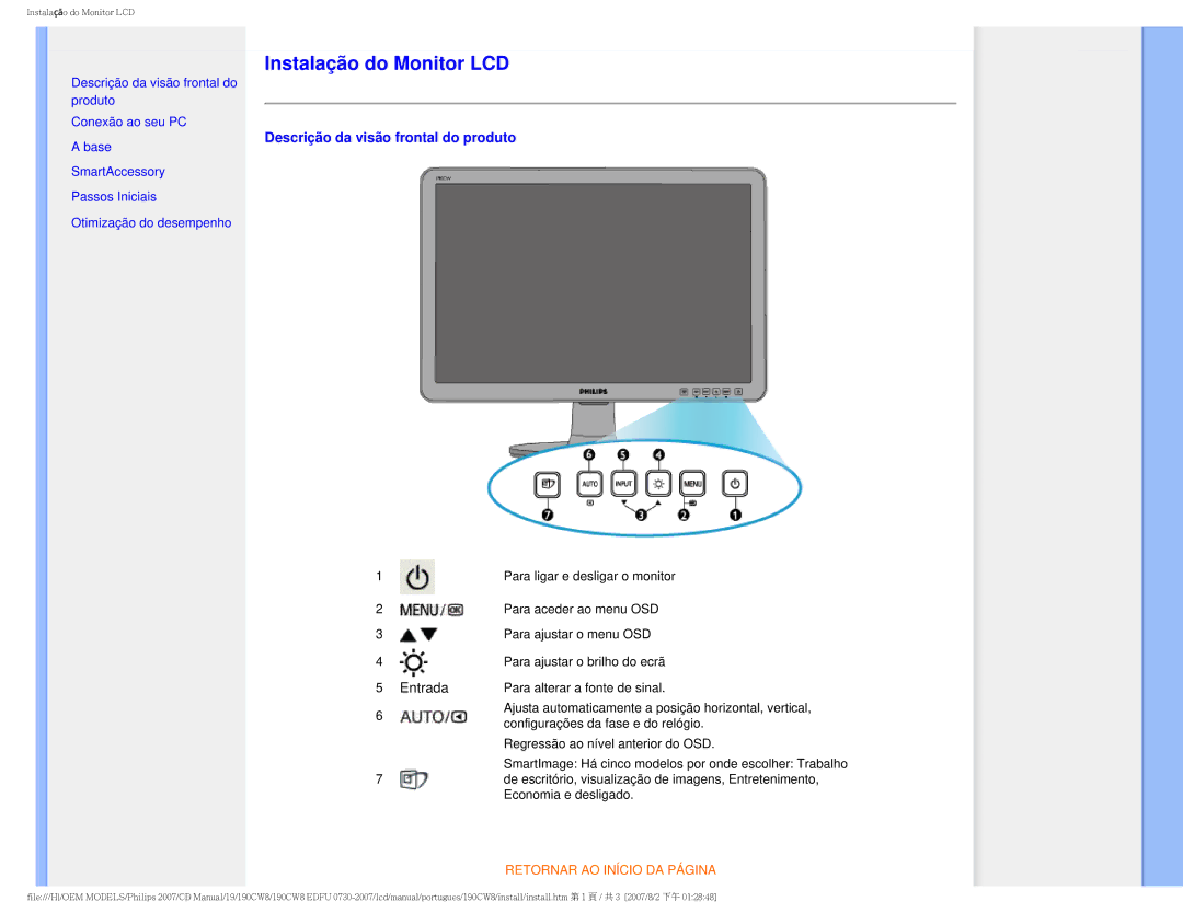 Philips HWC8190T, 190CW8 user manual Instalação do Monitor LCD, Descrição da visão frontal do produto 