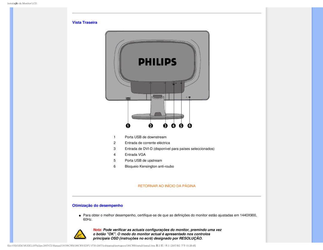 Philips 190CW8, HWC8190T user manual Vista Traseira, Otimização do desempenho 