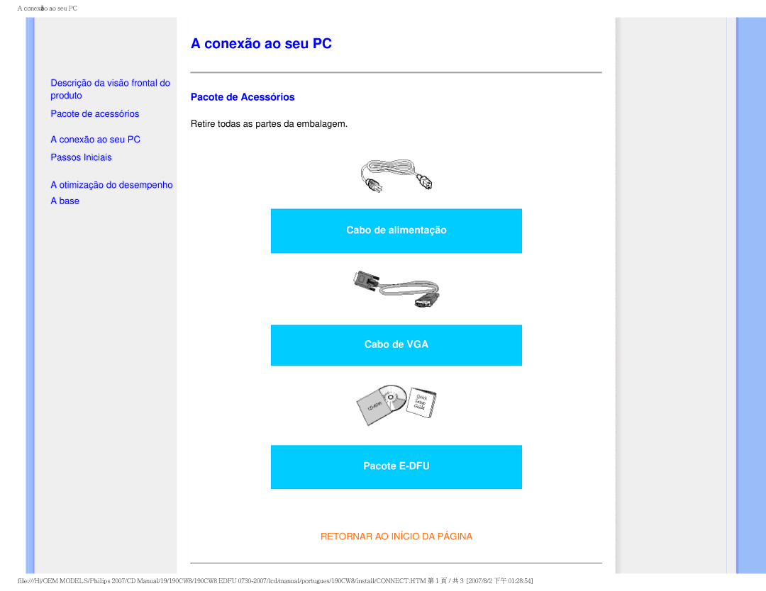 Philips 190CW8, HWC8190T user manual Conexão ao seu PC, Pacote de Acessórios 