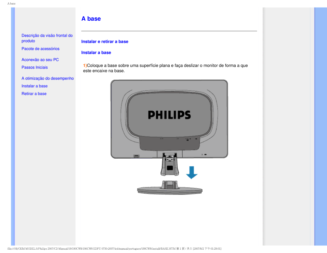 Philips HWC8190T, 190CW8 user manual Base, Instalar e retirar a base Instalar a base 