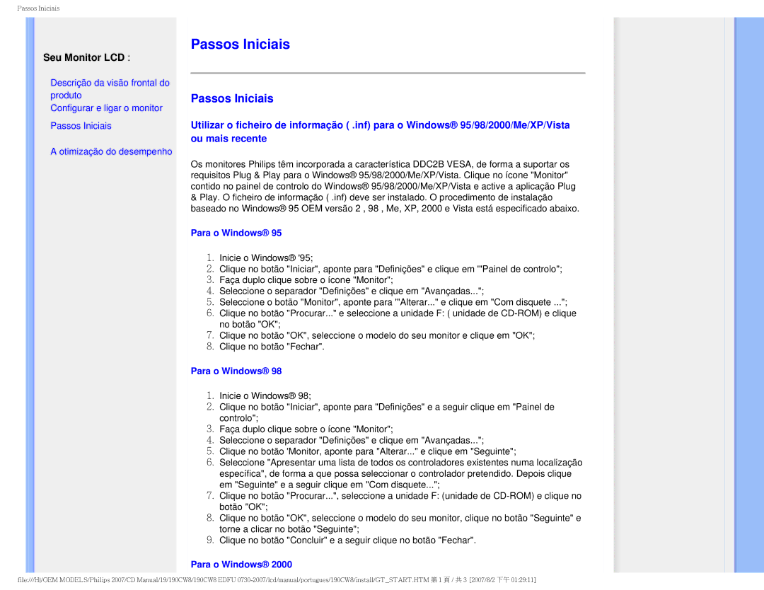 Philips 190CW8, HWC8190T user manual Passos Iniciais, Seu Monitor LCD 