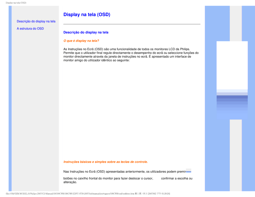Philips HWC8190T, 190CW8 user manual Display na tela OSD, Descrição do display na tela 