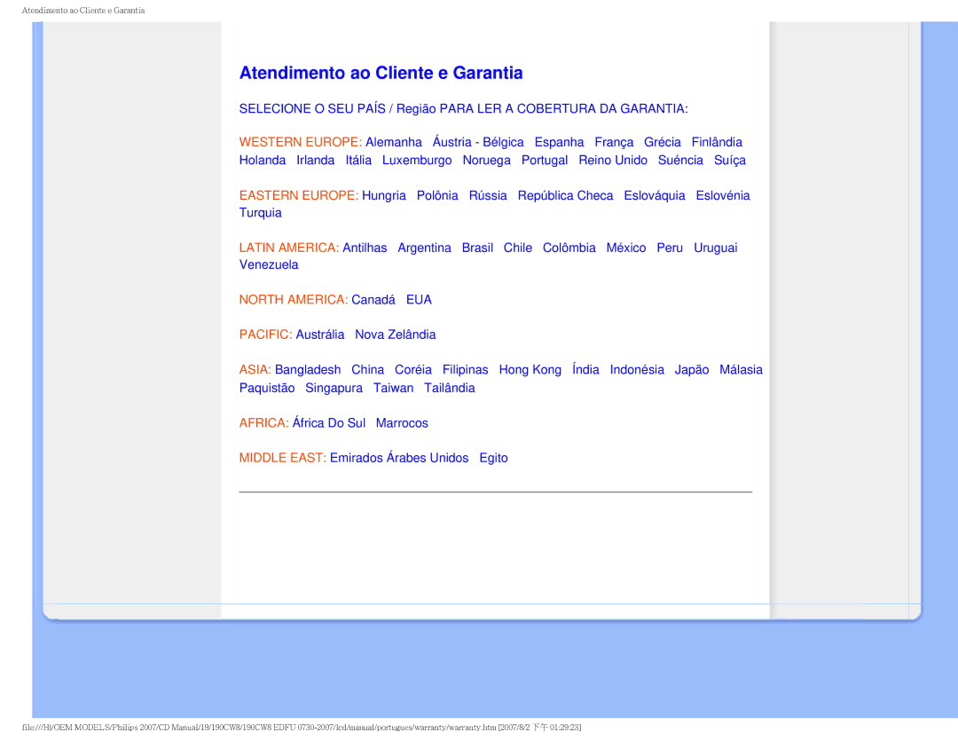 Philips 190CW8, HWC8190T user manual Atendimento ao Cliente e Garantia, North America Canadá EUA 