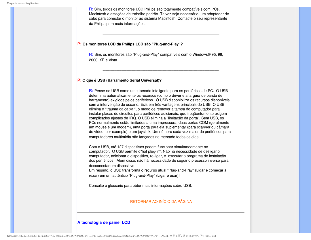 Philips HWC8190T, 190CW8 user manual Tecnologia de painel LCD, Os monitores LCD da Philips LCD são Plug-and-Play? 