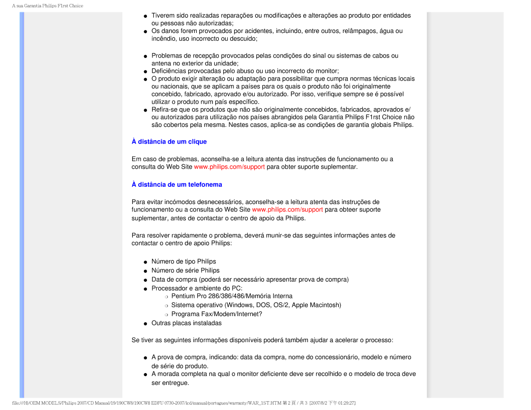 Philips 190CW8, HWC8190T user manual Distância de um clique Distância de um telefonema 