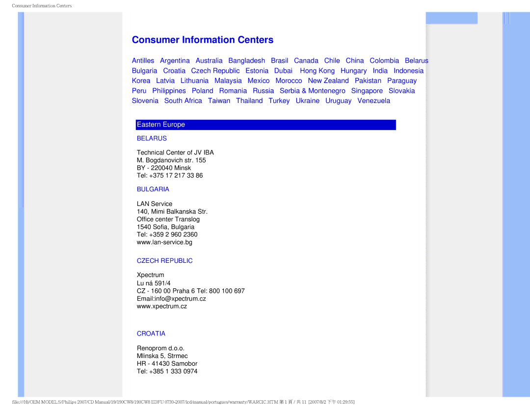 Philips HWC8190T, 190CW8 user manual Consumer Information Centers, Belarus, Bulgaria, Czech Republic, Croatia 