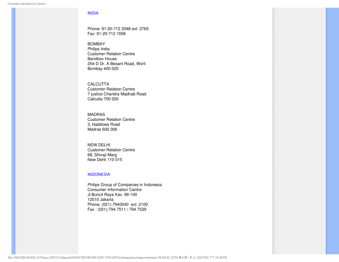 Philips 190CW8, HWC8190T user manual India, Indonesia 