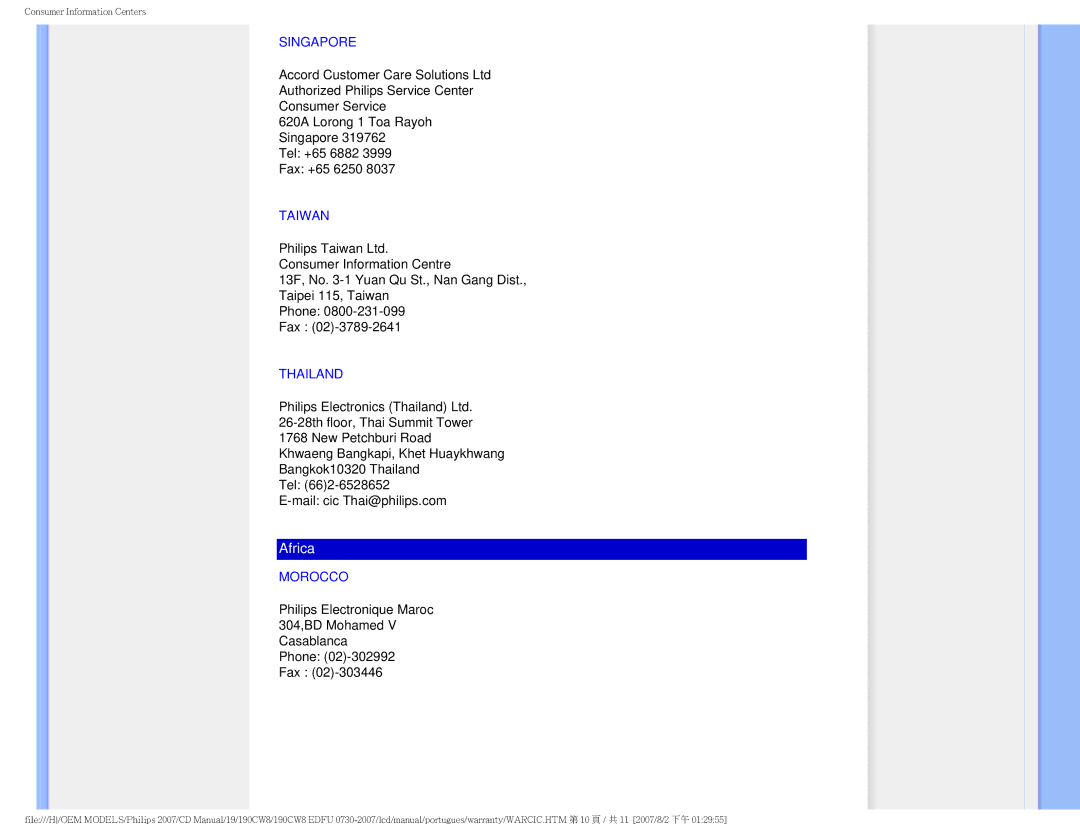 Philips 190CW8, HWC8190T user manual Singapore, Taiwan, Thailand, Morocco 