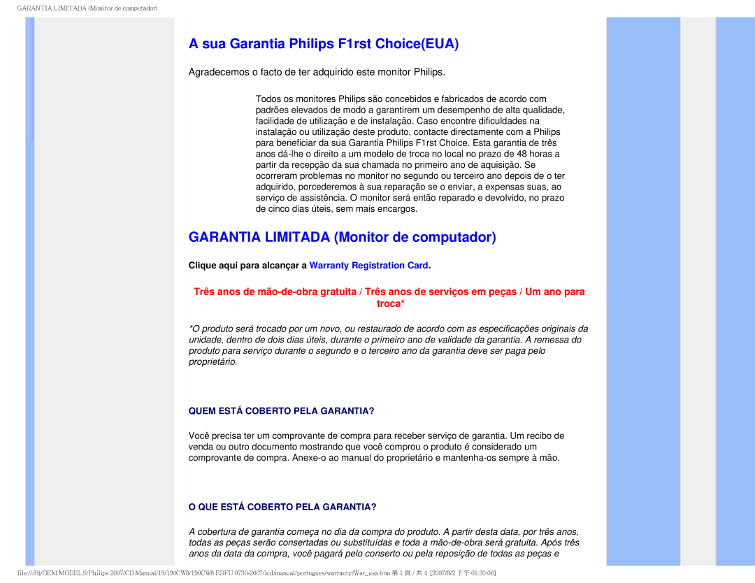Philips 190CW8, HWC8190T user manual Sua Garantia Philips F1rst ChoiceEUA, Garantia Limitada Monitor de computador 