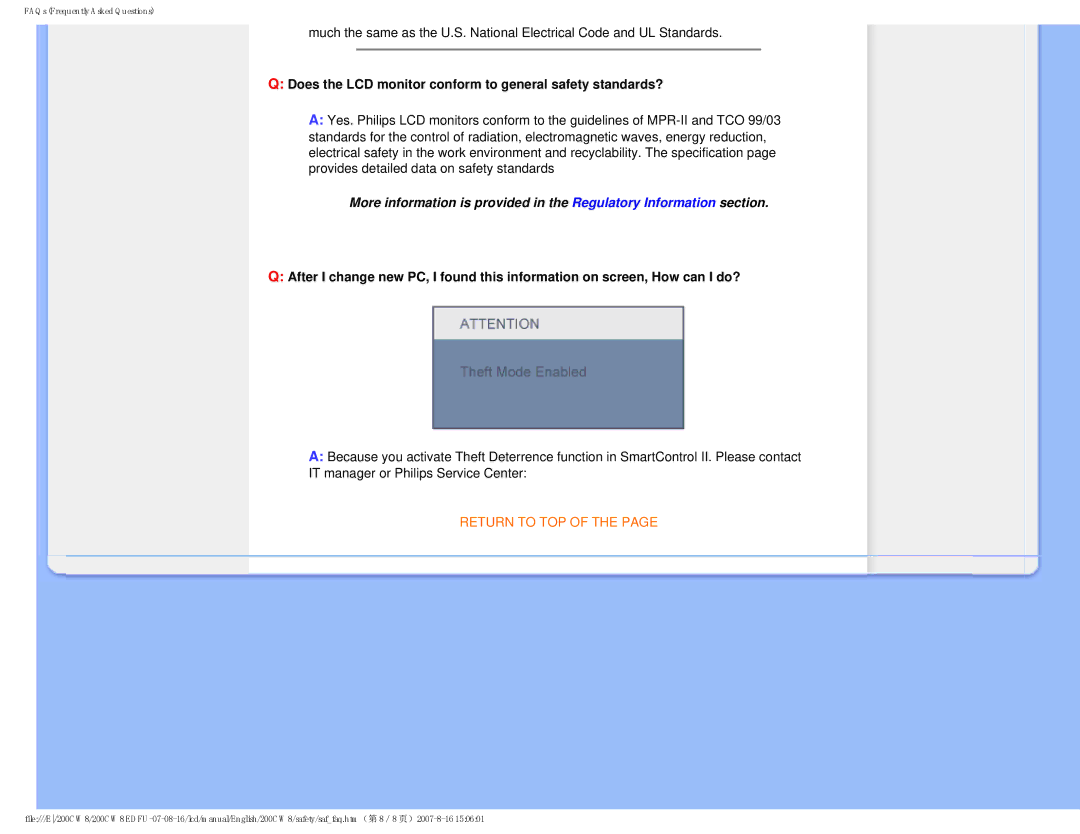 Philips 200CW8, HWC8200T user manual Does the LCD monitor conform to general safety standards? 