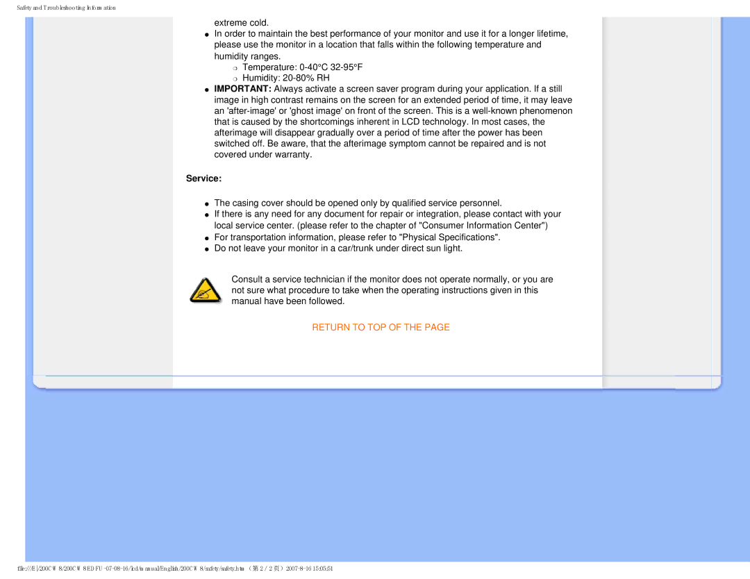 Philips 200CW8, HWC8200T user manual Service, Return to TOP 