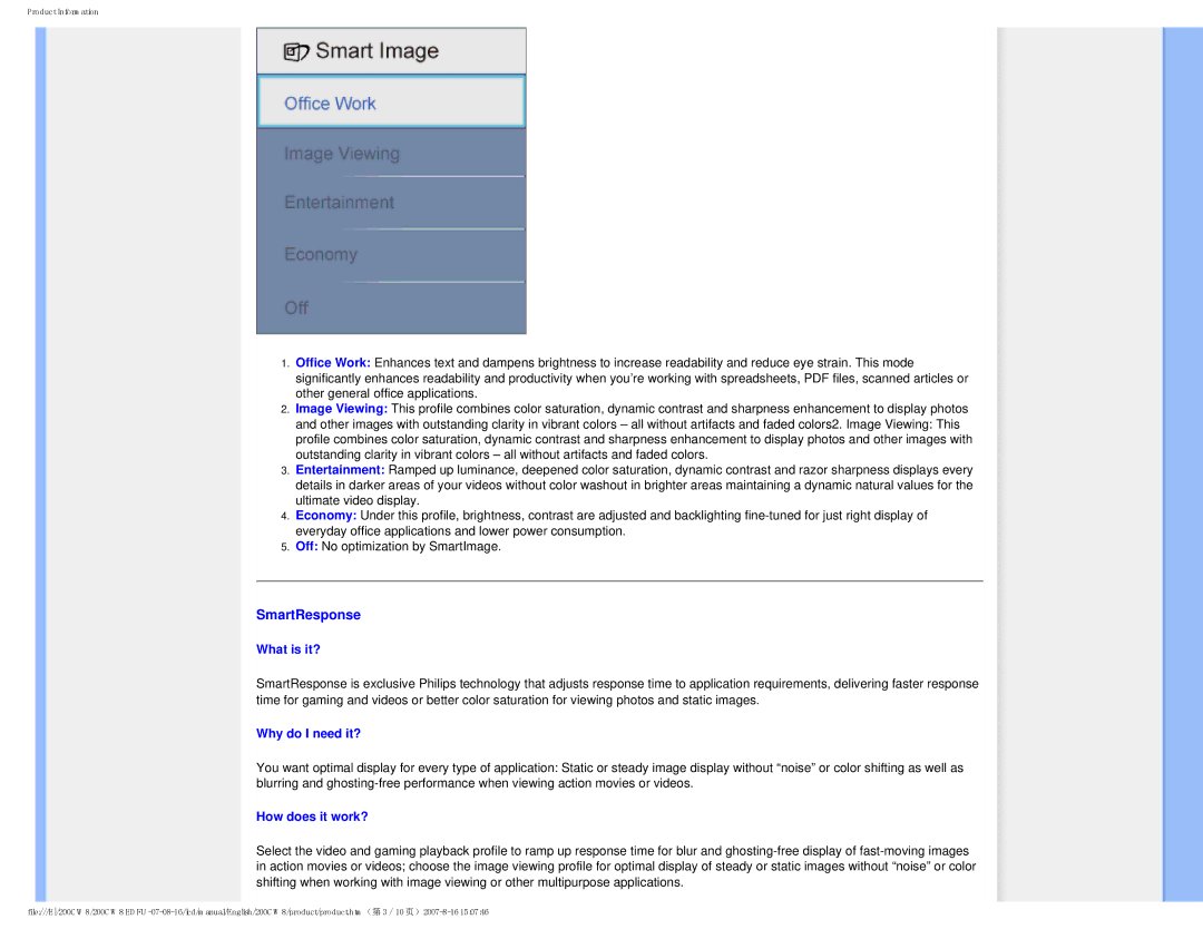 Philips 200CW8, HWC8200T user manual SmartResponse 