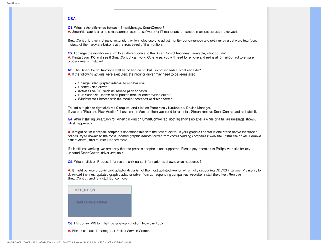 Philips 200CW8, HWC8200T user manual SmartManage 